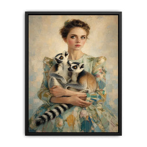 Elegant woman with lemurs portrait canvas art for luxury bedroom decor.