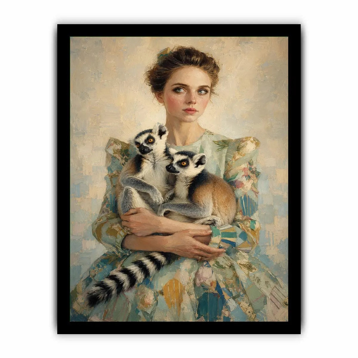 Elegant woman with lemurs portrait canvas art for luxury bedroom decor.