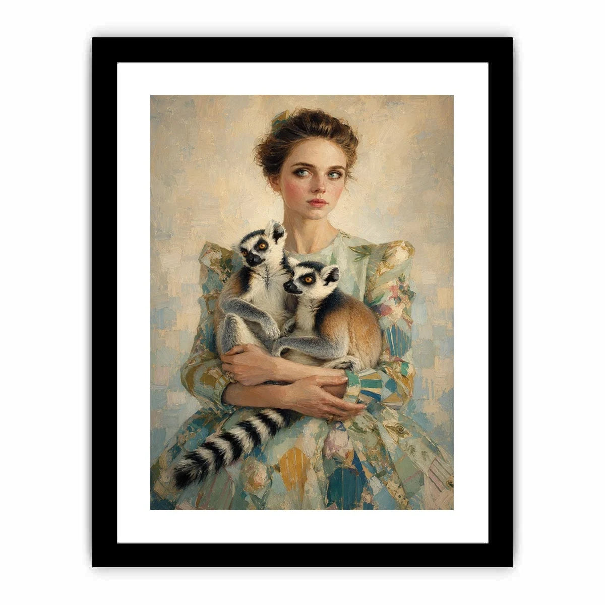 Elegant woman with lemurs portrait canvas art for luxury bedroom decor.