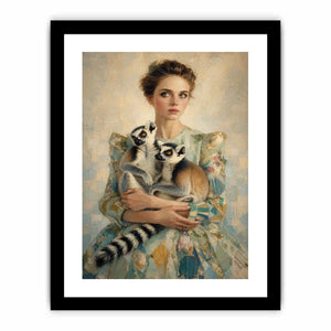Elegant woman with lemurs portrait canvas art for luxury bedroom decor.