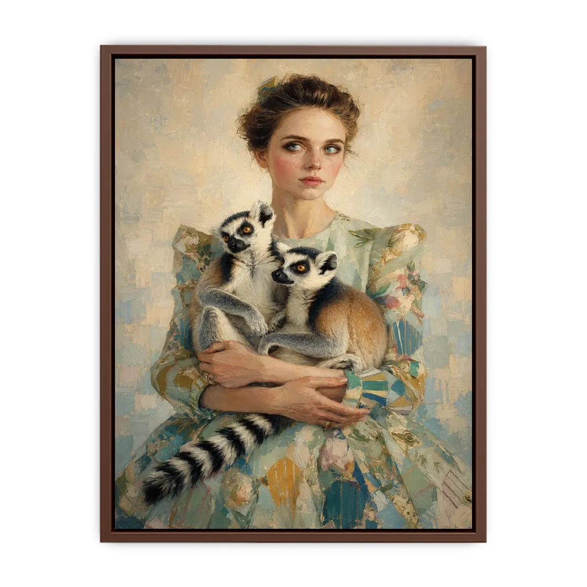 Elegant woman with lemurs portrait canvas art for luxury bedroom decor.