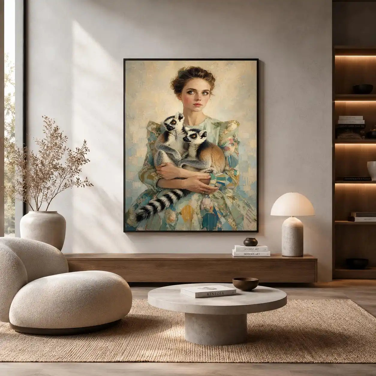 Elegant woman with lemurs portrait canvas art for luxury bedroom decor.