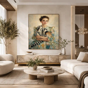 Elegant woman with lemurs portrait canvas art for luxury bedroom decor.