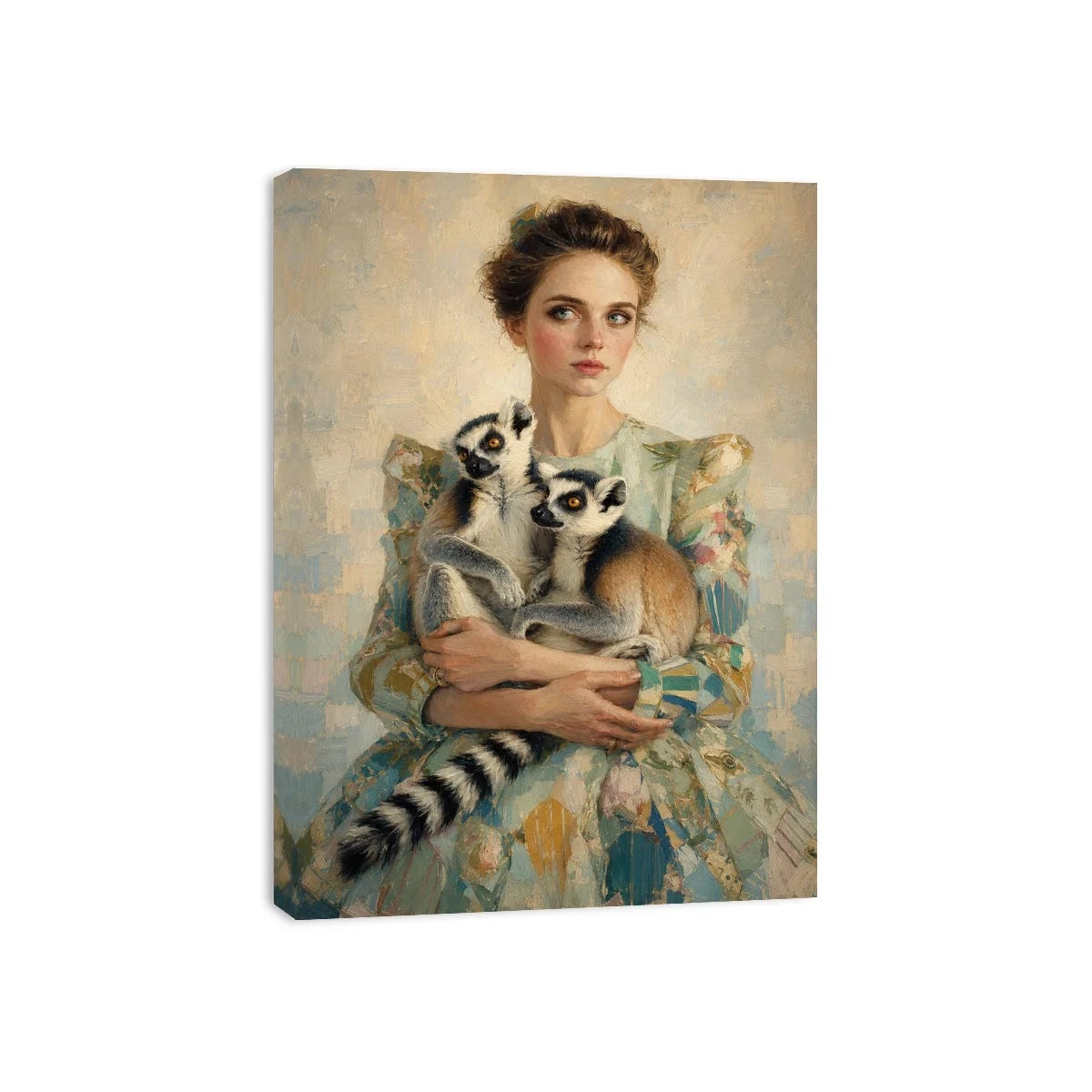 Elegant woman with lemurs portrait canvas art for luxury bedroom decor.