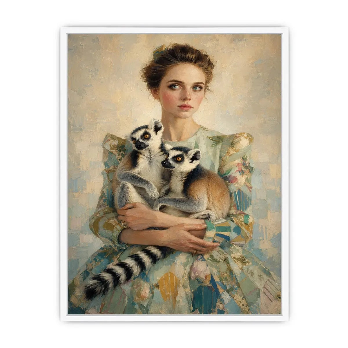 Elegant woman with lemurs portrait canvas art for luxury bedroom decor.