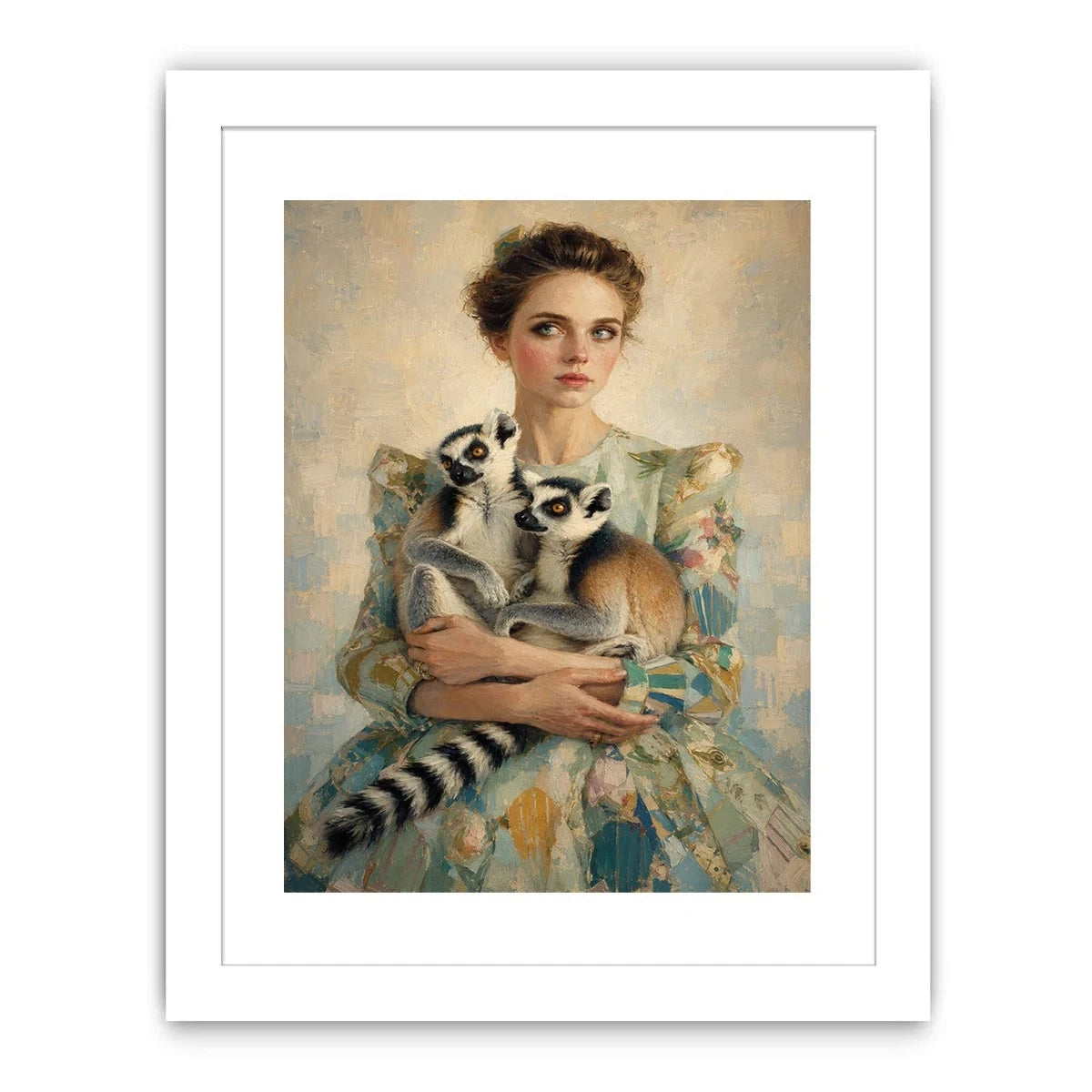 Elegant woman with lemurs portrait canvas art for luxury bedroom decor.