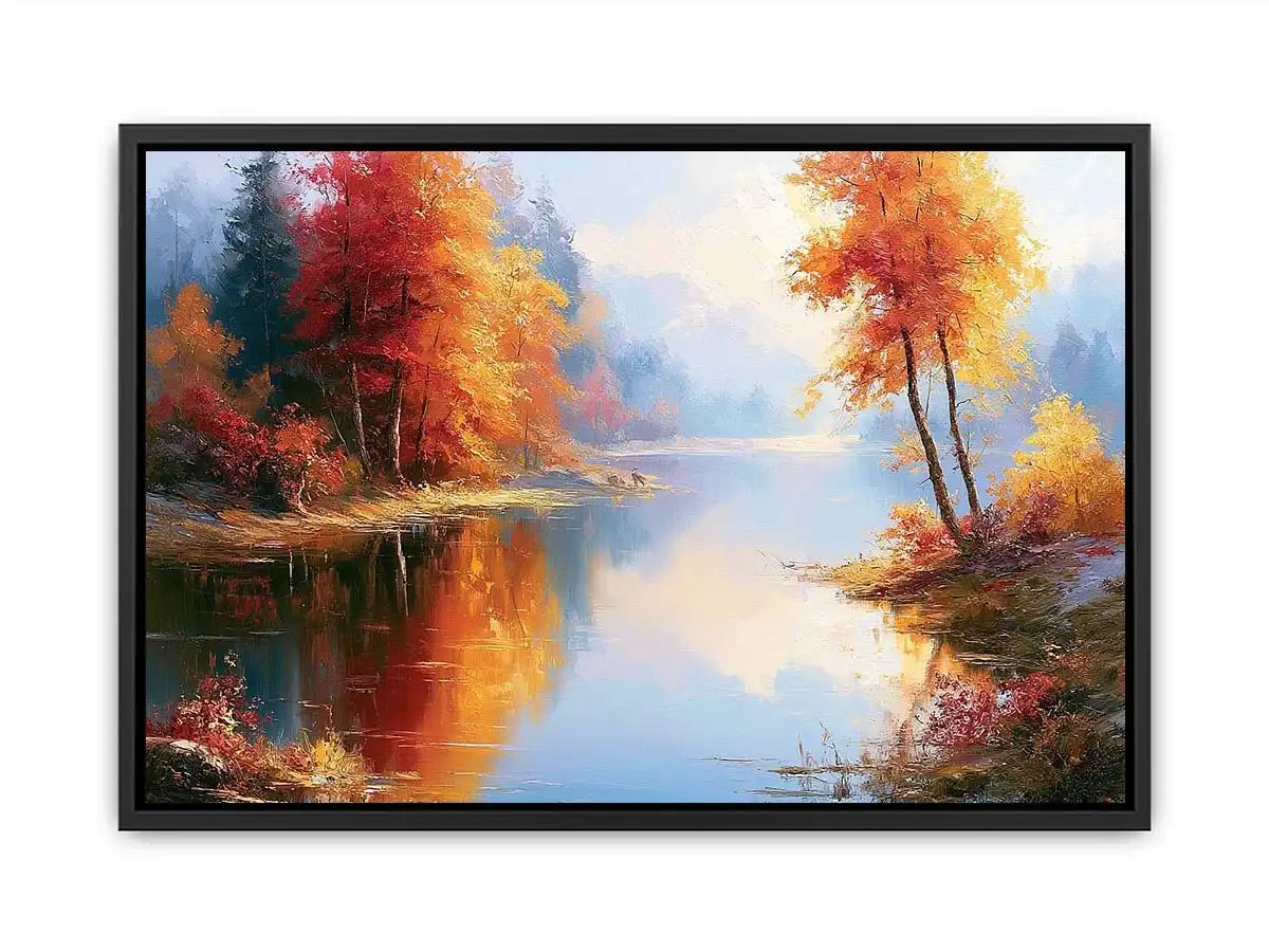 Autumn lake landscape canvas art with colourful trees for modern living room decor.