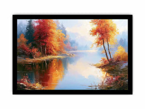 Autumn lake landscape canvas art with colourful trees for modern living room decor.