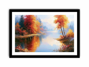 Autumn lake landscape canvas art with colourful trees for modern living room decor.