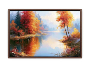 Autumn lake landscape canvas art with colourful trees for modern living room decor.