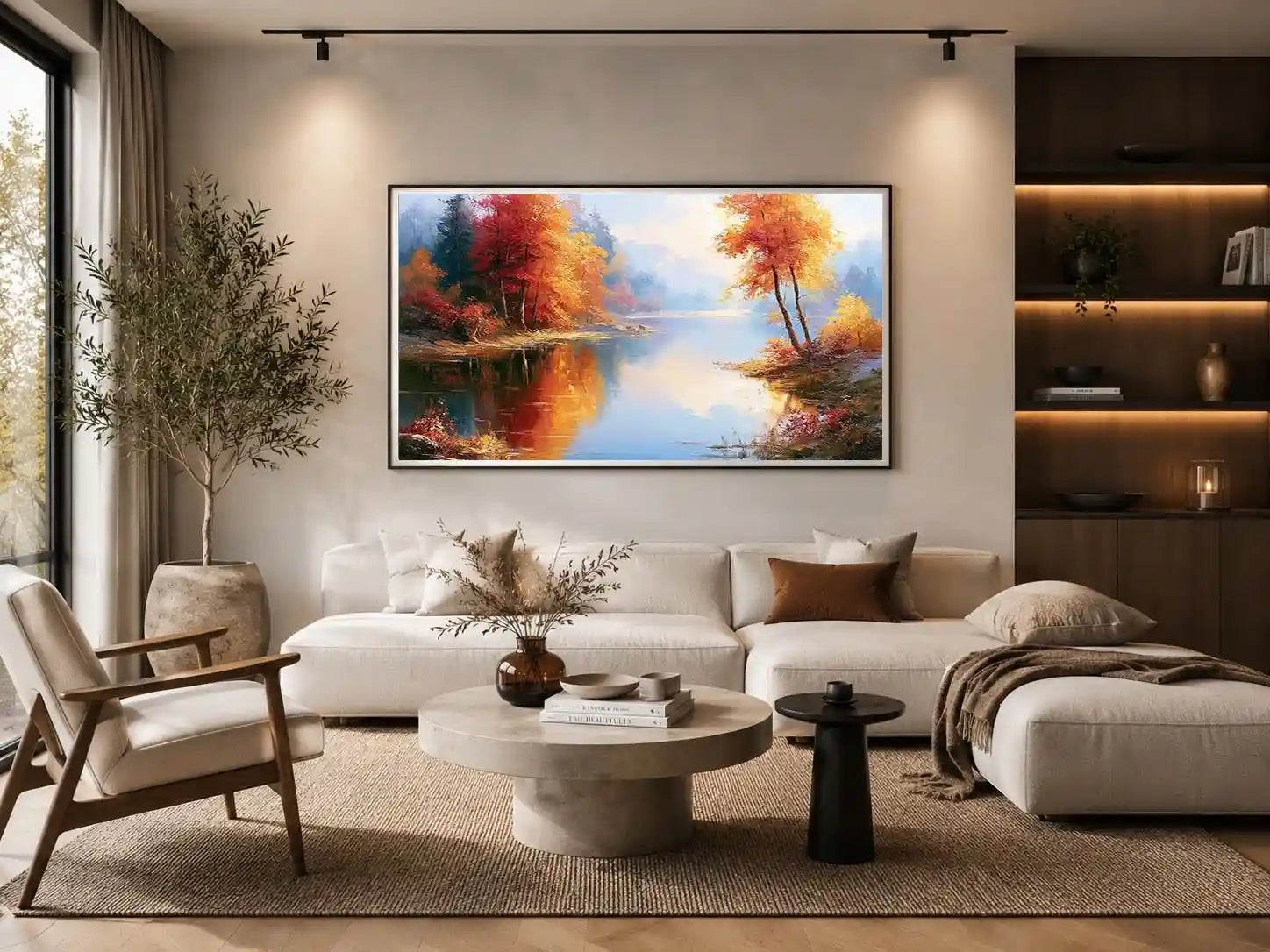 Autumn lake landscape canvas art with colourful trees for modern living room decor.