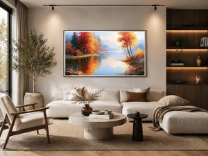 Autumn lake landscape canvas art with colourful trees for modern living room decor.