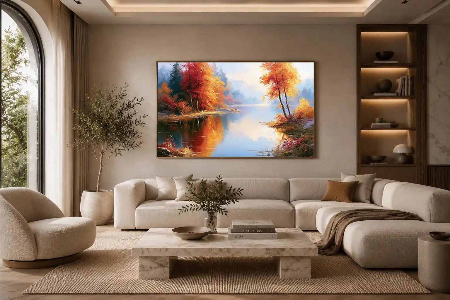 Autumn lake landscape canvas art with colourful trees for modern living room decor.