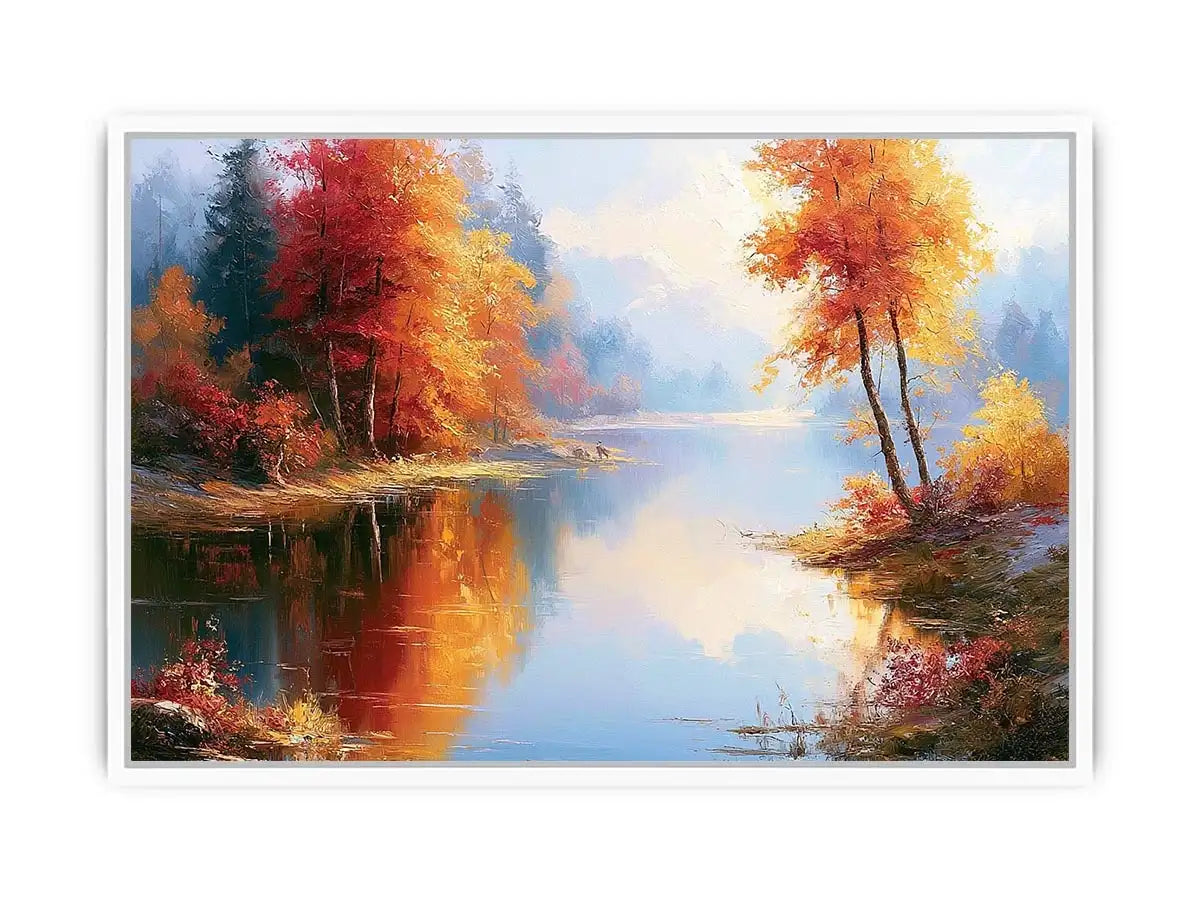 Autumn lake landscape canvas art with colourful trees for modern living room decor.