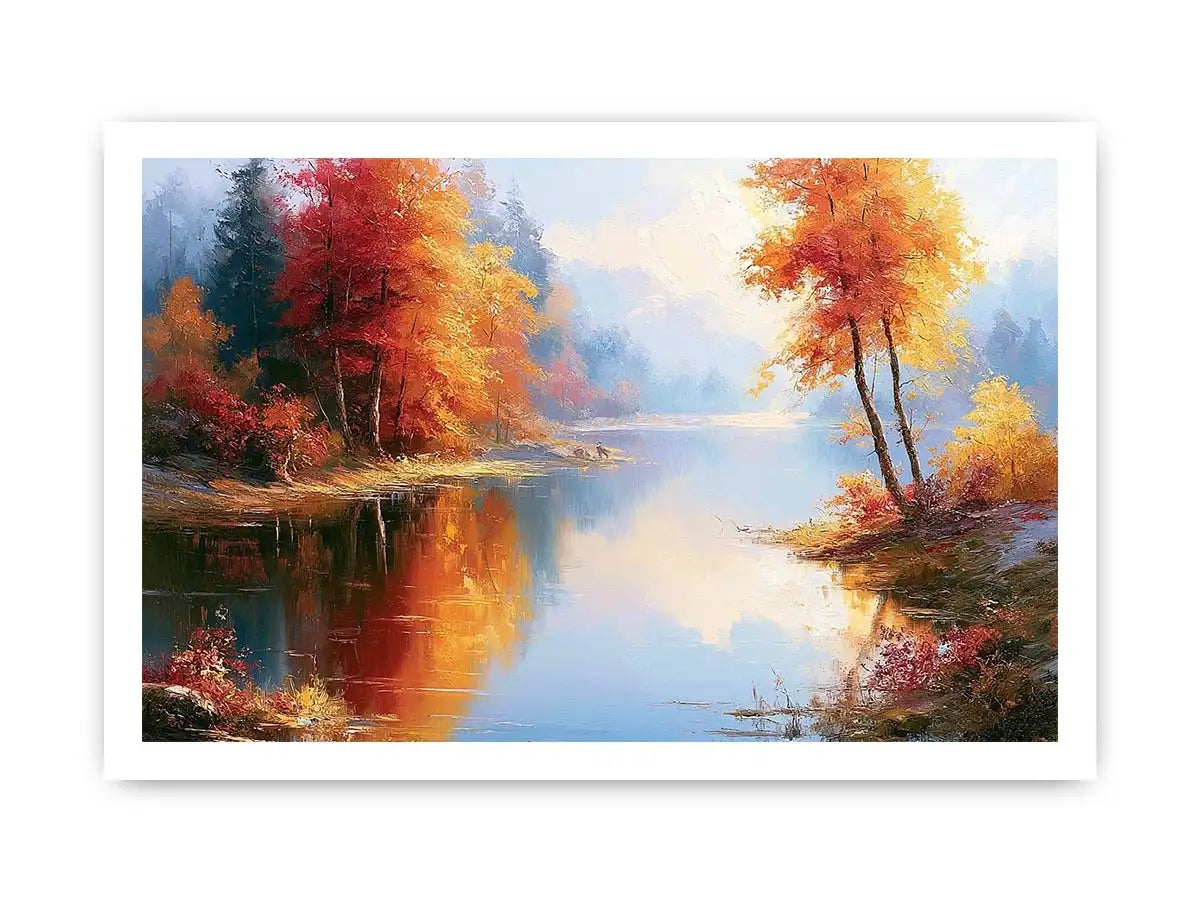 Autumn lake landscape canvas art with colourful trees for modern living room decor.