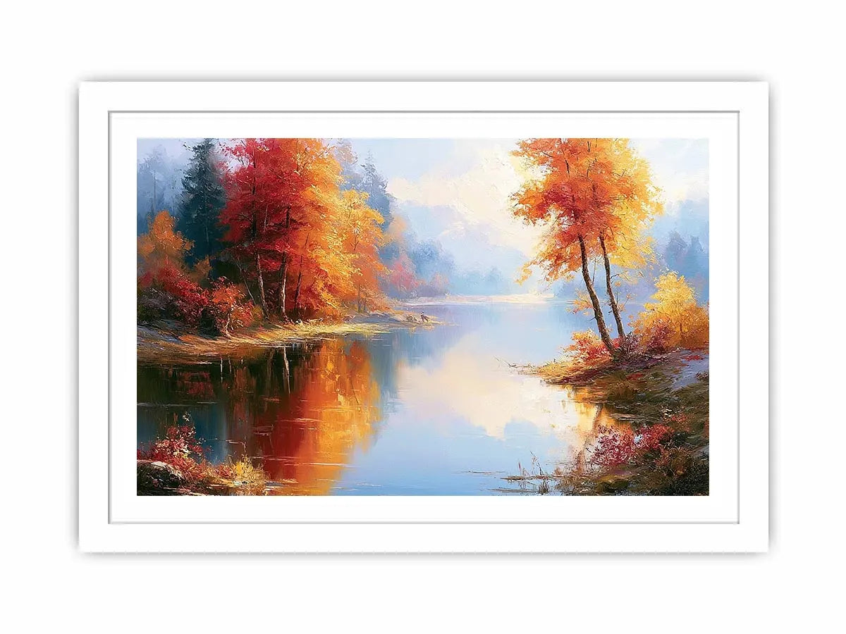 Autumn lake landscape canvas art with colourful trees for modern living room decor.
