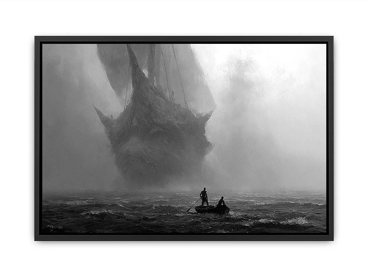Black and white ghost ship canvas art with small boat for moody office or living room decor.