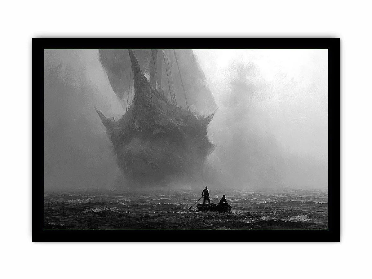 Black and white ghost ship canvas art with small boat for moody office or living room decor.