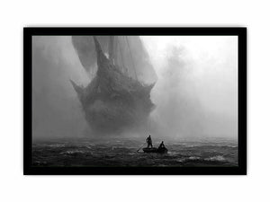 Black and white ghost ship canvas art with small boat for moody office or living room decor.