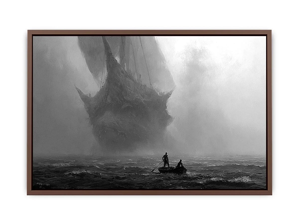 Black and white ghost ship canvas art with small boat for moody office or living room decor.