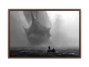 Black and white ghost ship canvas art with small boat for moody office or living room decor.