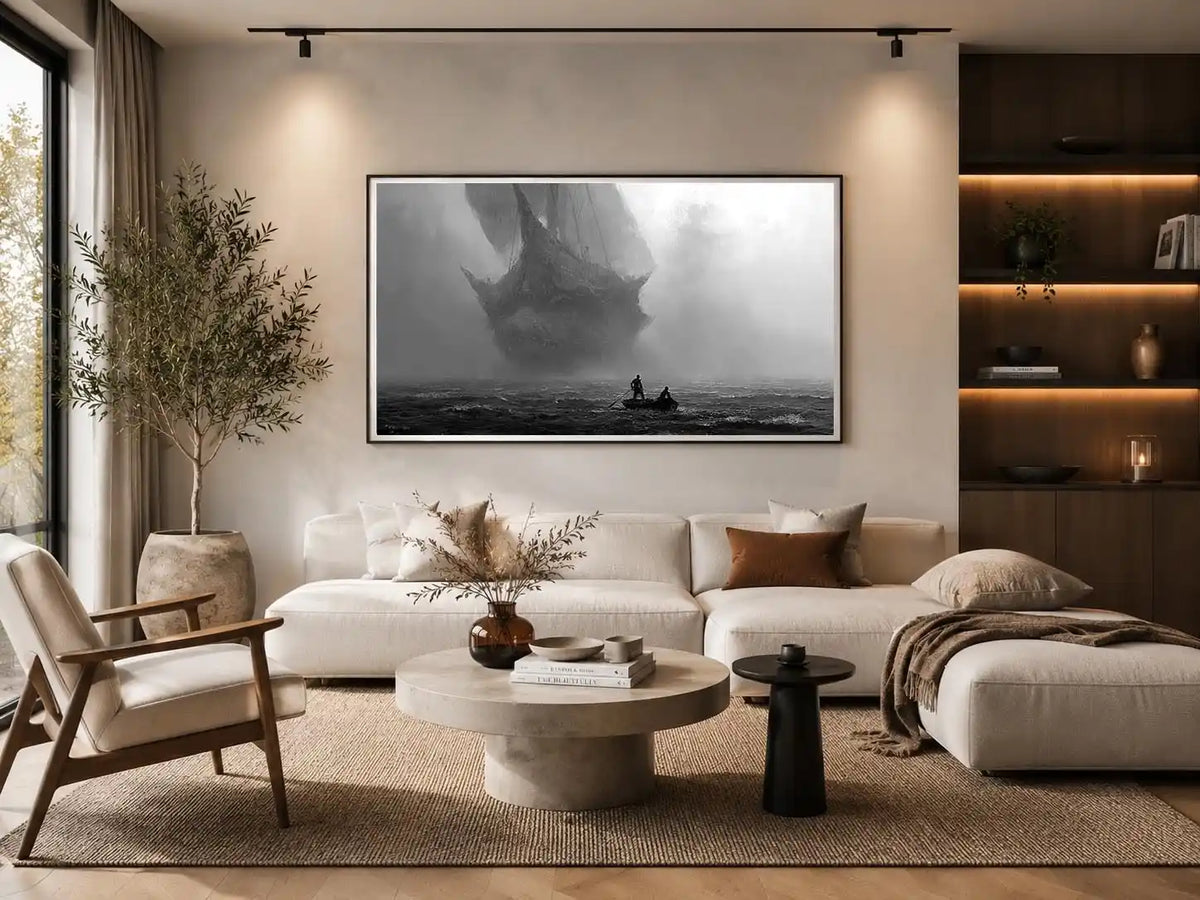 Black and white ghost ship canvas art with small boat for moody office or living room decor.