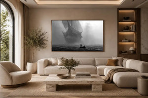 Black and white ghost ship canvas art with small boat for moody office or living room decor.