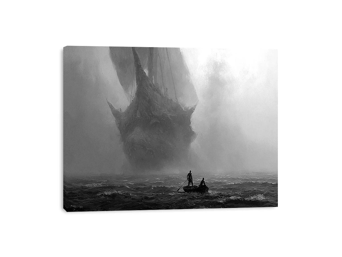 Black and white ghost ship canvas art with small boat for moody office or living room decor.