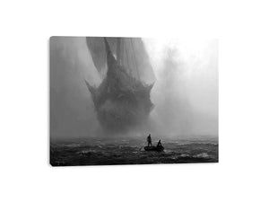 Black and white ghost ship canvas art with small boat for moody office or living room decor.