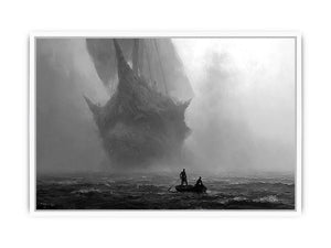 Black and white ghost ship canvas art with small boat for moody office or living room decor.