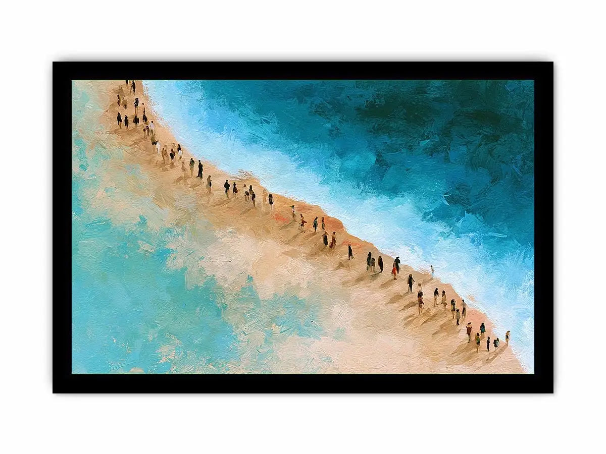 Aerial beach canvas art with turquoise water and walking figures for coastal living room decor.