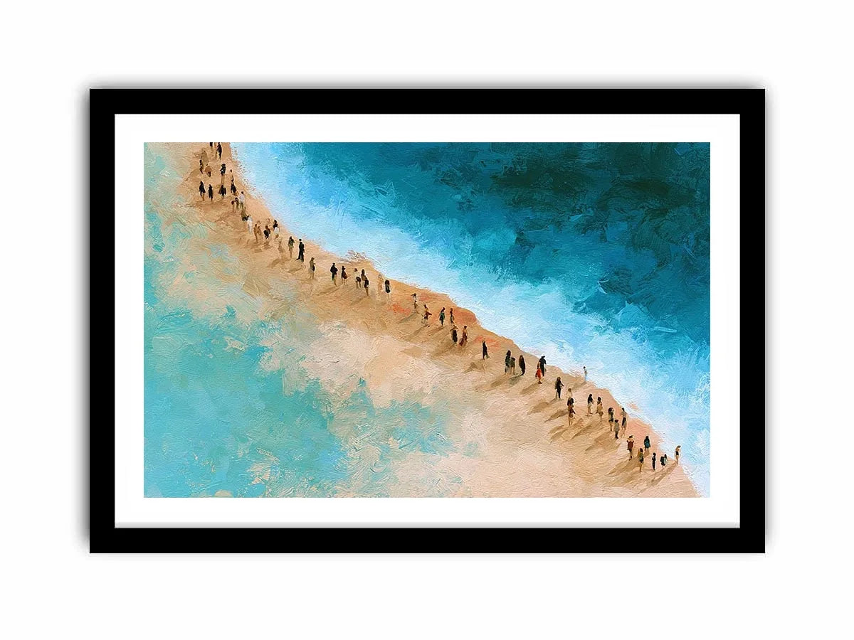 Aerial beach canvas art with turquoise water and walking figures for coastal living room decor.