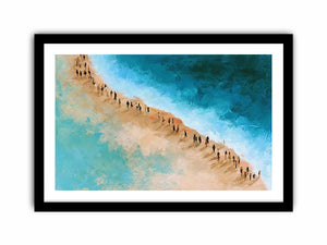 Aerial beach canvas art with turquoise water and walking figures for coastal living room decor.