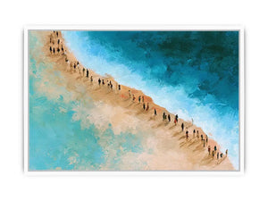 Aerial beach canvas art with turquoise water and walking figures for coastal living room decor.