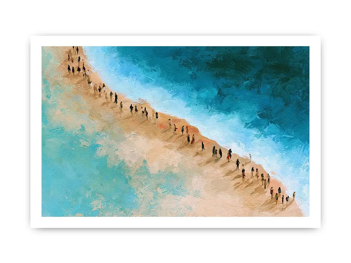 Aerial beach canvas art with turquoise water and walking figures for coastal living room decor.