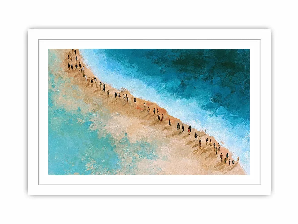 Aerial beach canvas art with turquoise water and walking figures for coastal living room decor.