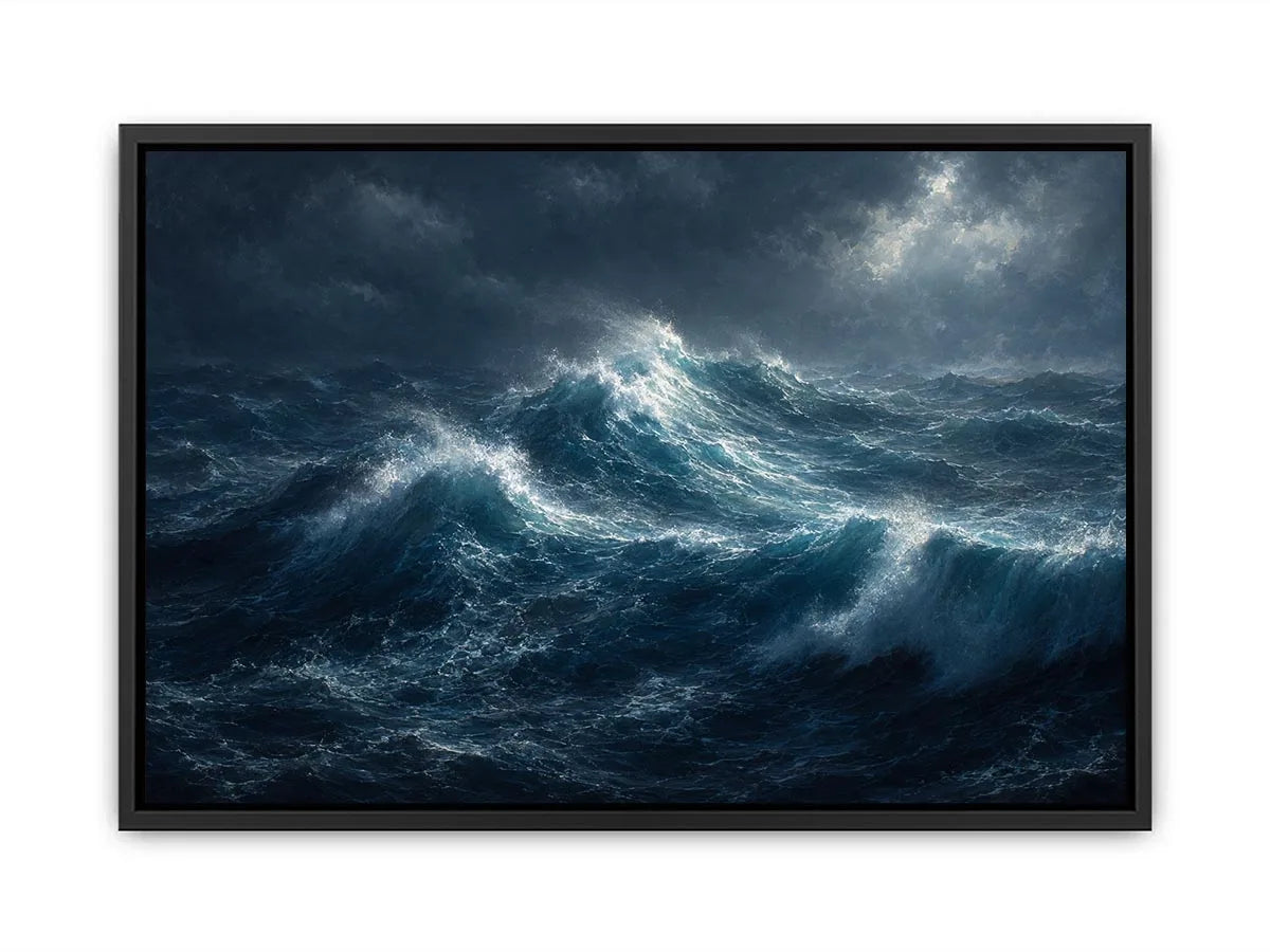 Dramatic stormy ocean canvas art for modern living room decor.