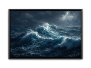 Dramatic stormy ocean canvas art for modern living room decor.