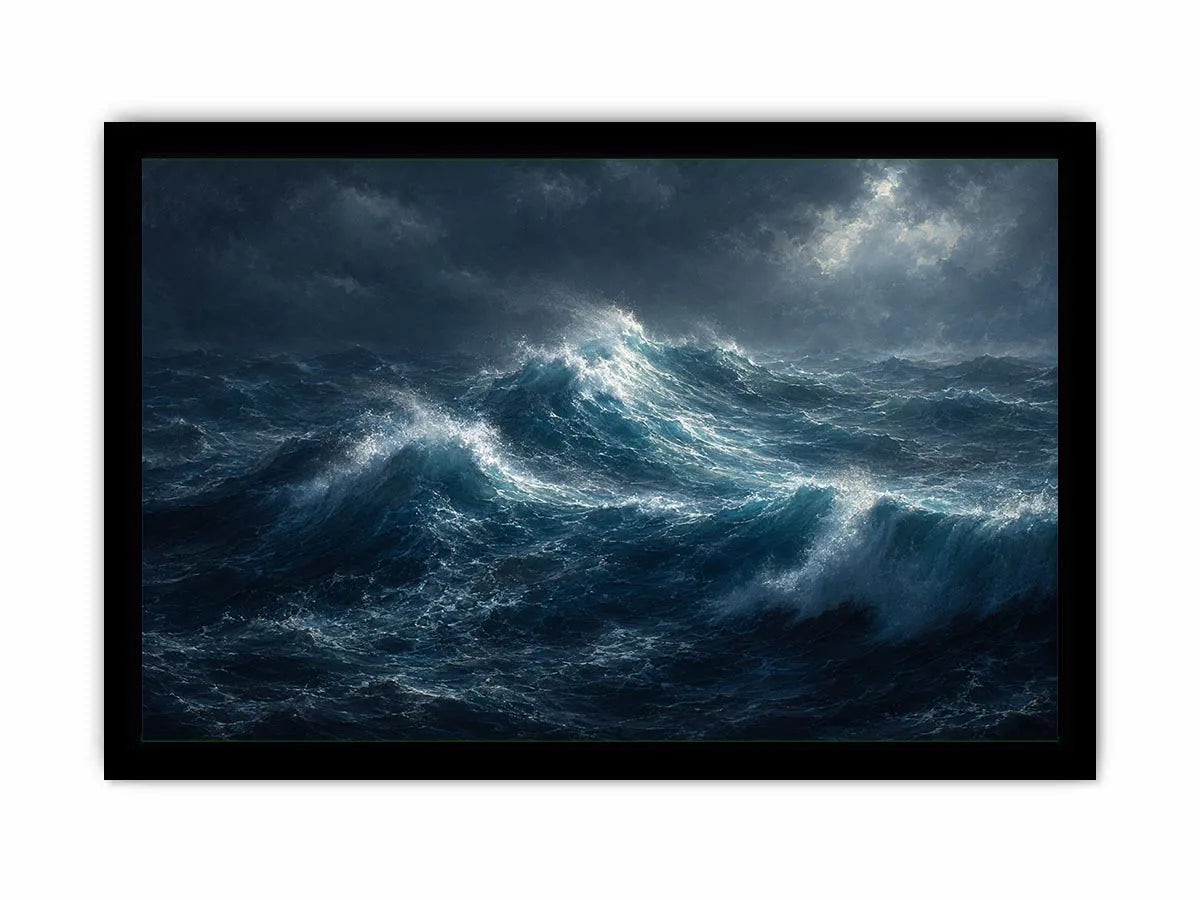 Dramatic stormy ocean canvas art for modern living room decor.