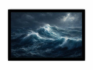 Dramatic stormy ocean canvas art for modern living room decor.