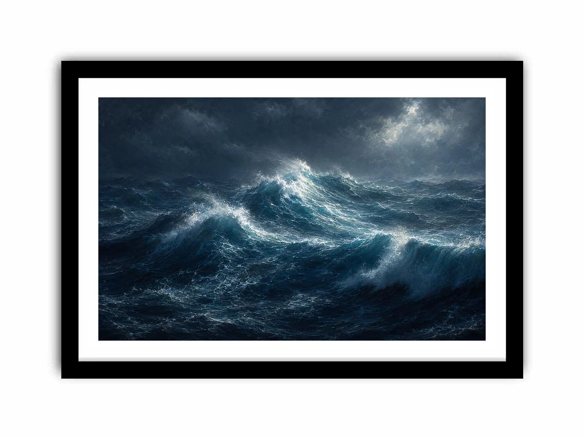 Dramatic stormy ocean canvas art for modern living room decor.