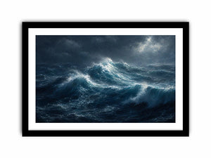 Dramatic stormy ocean canvas art for modern living room decor.