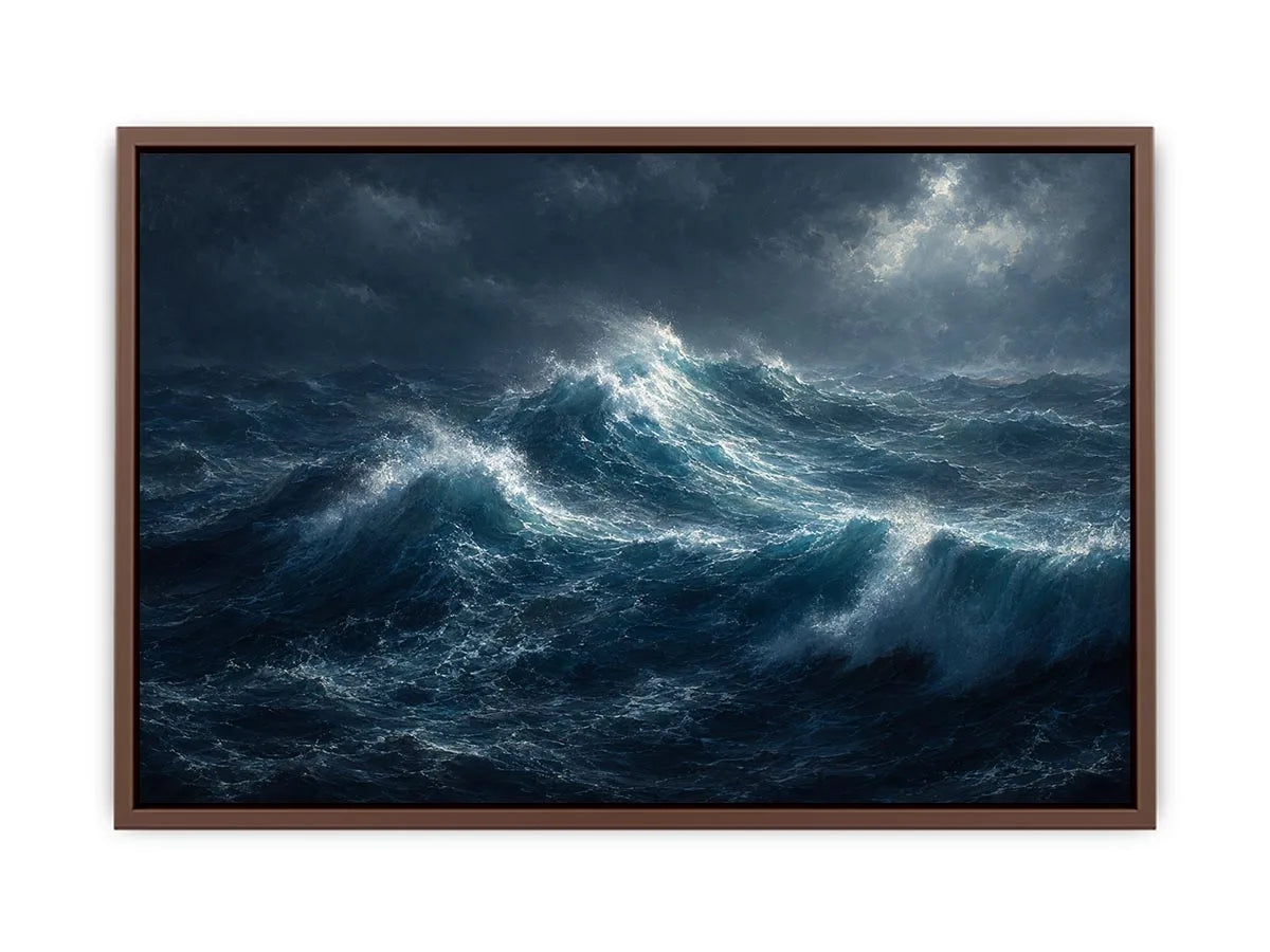 Dramatic stormy ocean canvas art for modern living room decor.
