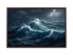 Dramatic stormy ocean canvas art for modern living room decor.