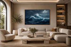 Dramatic stormy ocean canvas art for modern living room decor.