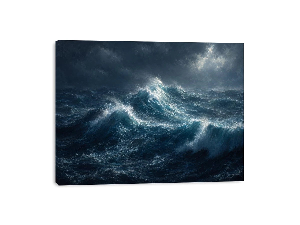 Dramatic stormy ocean canvas art for modern living room decor.