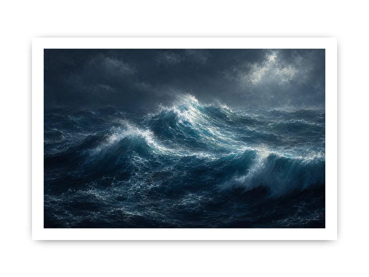 Dramatic stormy ocean canvas art for modern living room decor.