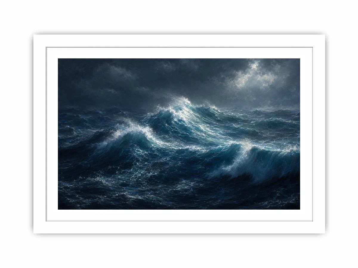 Dramatic stormy ocean canvas art for modern living room decor.