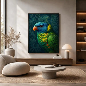 Colorful lorikeet canvas art for elegant modern room decor.