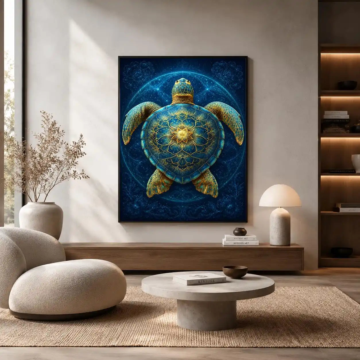 Ornate sea turtle canvas art for peaceful coastal room decor.